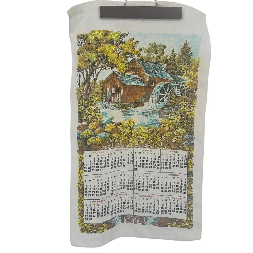 Vintage Linen Kitchen Cloth Calendar Year 1974 Old Country Mill Birthday Glitter